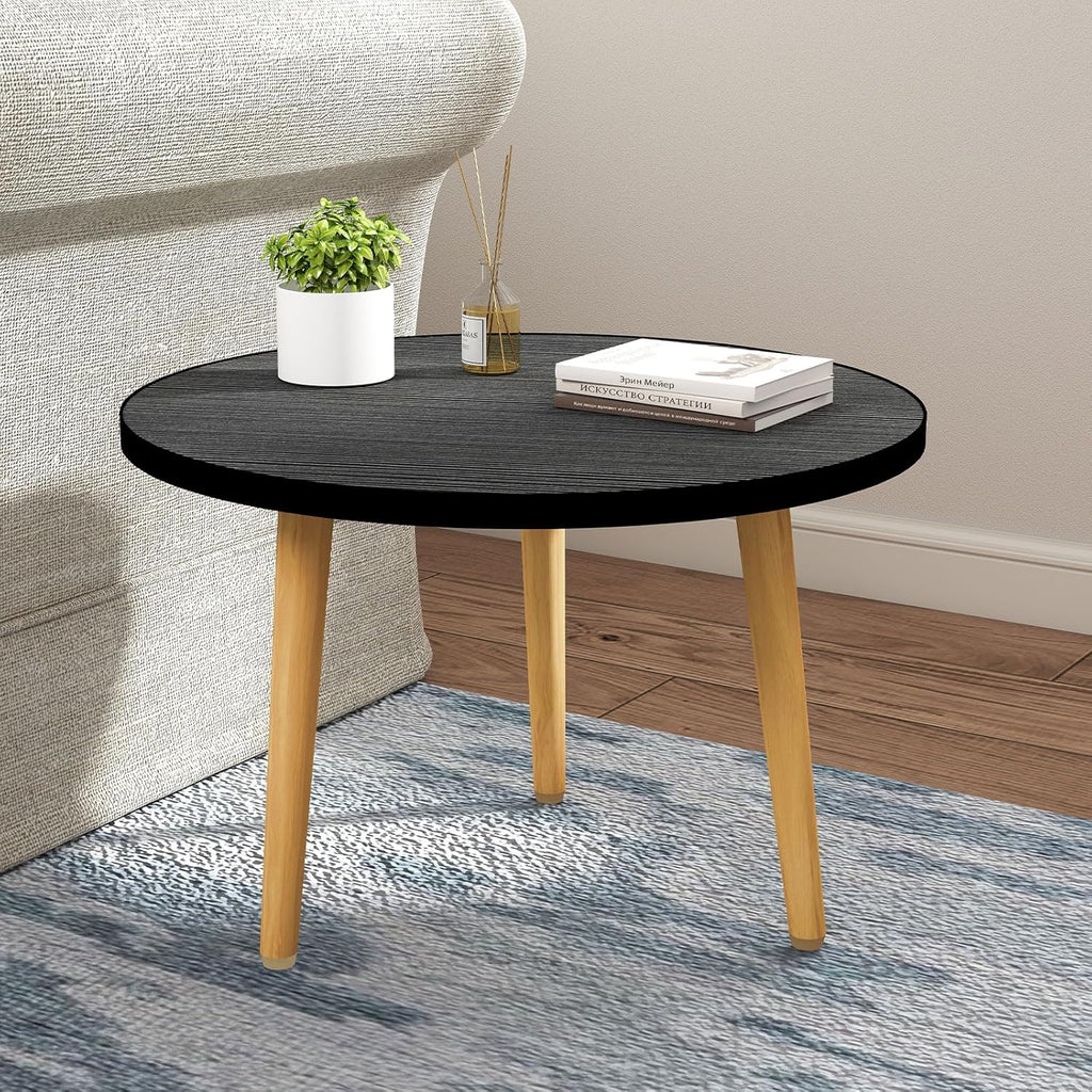 Round Coffee Table Low Table with 3 Solid Wood Sturdy Legs, Floor Table Desk for Sitting on The Floor, Storage and Living Room Furniture (Black)