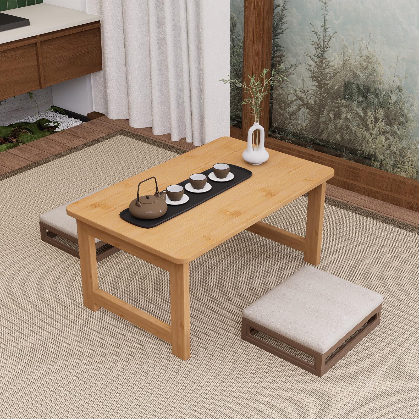 Floor Coffee Table for Living Room, Japanese Folding Low Dining Table, No Assembly Foldable Tatami Tea Table - Natural Solid Wood Bamboo, Rectangle Ground Desk for Small Spaces (Walnut)