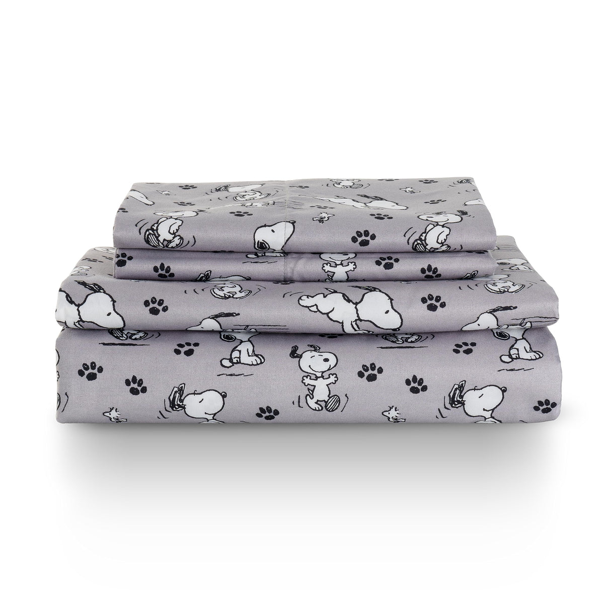 Zestaw pościeli Berkshire Blanket Peanuts® dla dzieci, rozmiar pełny - 4 części, Peanuts® mini pozy i łapy szare, urocze postacie Snoopy nadrukowane na miękkich mikrofibrowych prześcieradłach