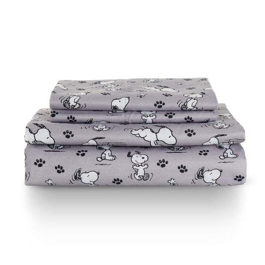 Berkshire Blanket Peanuts® Kids Sheet Set, Full Size - 4 Pieces, Peanuts® Mini Poses and Paws Grey, Cute Character Snoopy Printed Soft Microfiber Bed Sheets