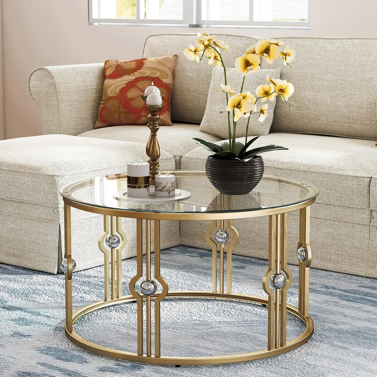 OIOG Glass Coffee Table for Living Room, Gold Coffee Table with Tempered Glass, Round Coffee Table for Office