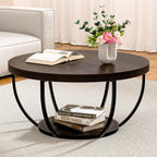 Round Coffee Table, 31" Coffee Table for Living Room Decor, 2-Tier Storage with Steel Frame, Space-Saving Wood Center Table, Modern Style Easy Assembly (Dark Coffee)