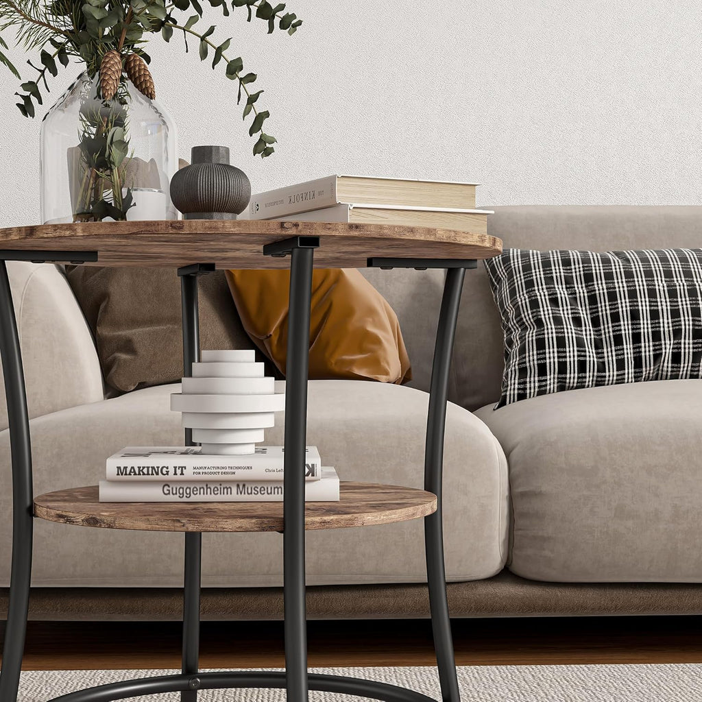 BOFENG Side Table,Round End Table with 2 Storage Shelves for Living Room, Bedroom,Small Spaces,Coffee Table Nightstand with Sturdy Metal Frame,Easy Assembly,Rustic Brown
