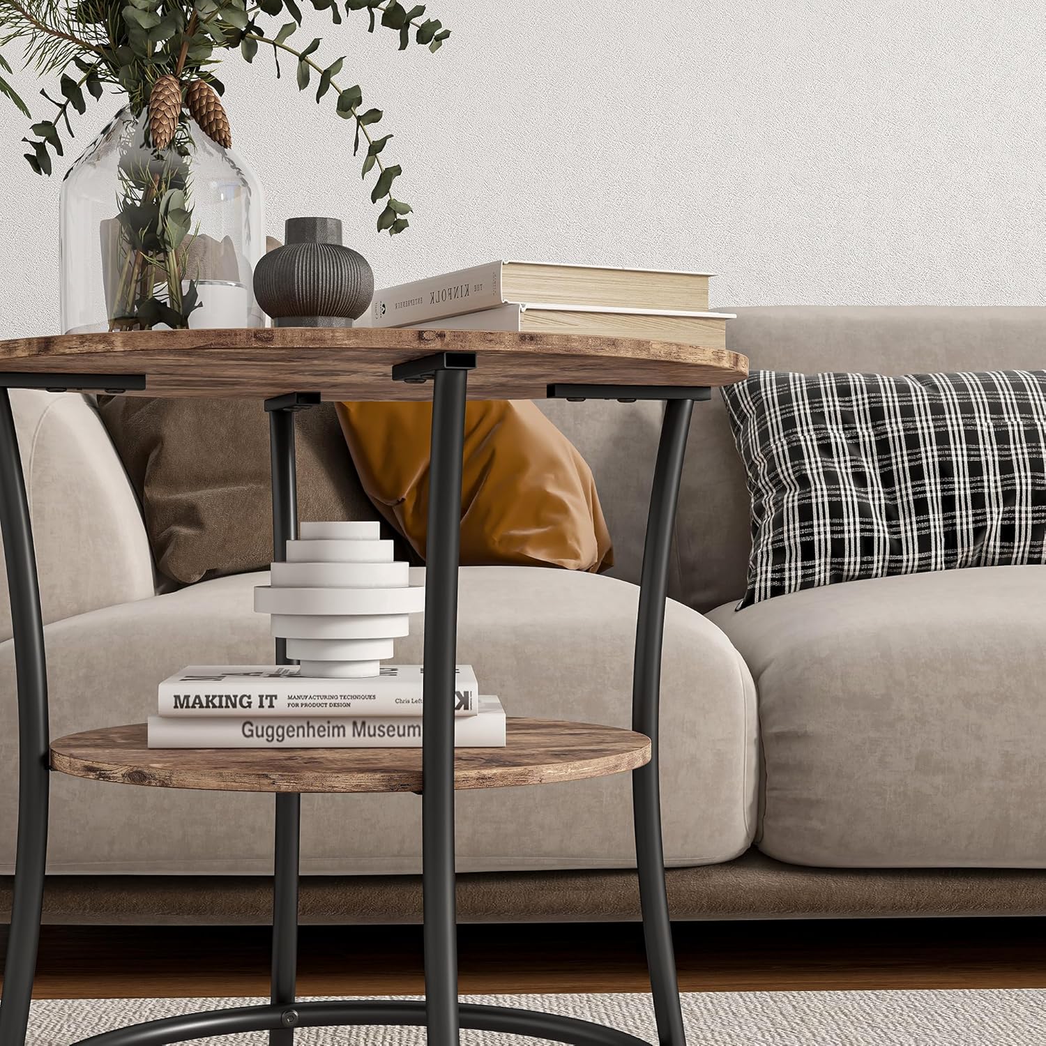 BOFENG Side Table,Round End Table with 2 Storage Shelves for Living Room, Bedroom,Small Spaces,Coffee Table Nightstand with Sturdy Metal Frame,Easy Assembly,Rustic Brown