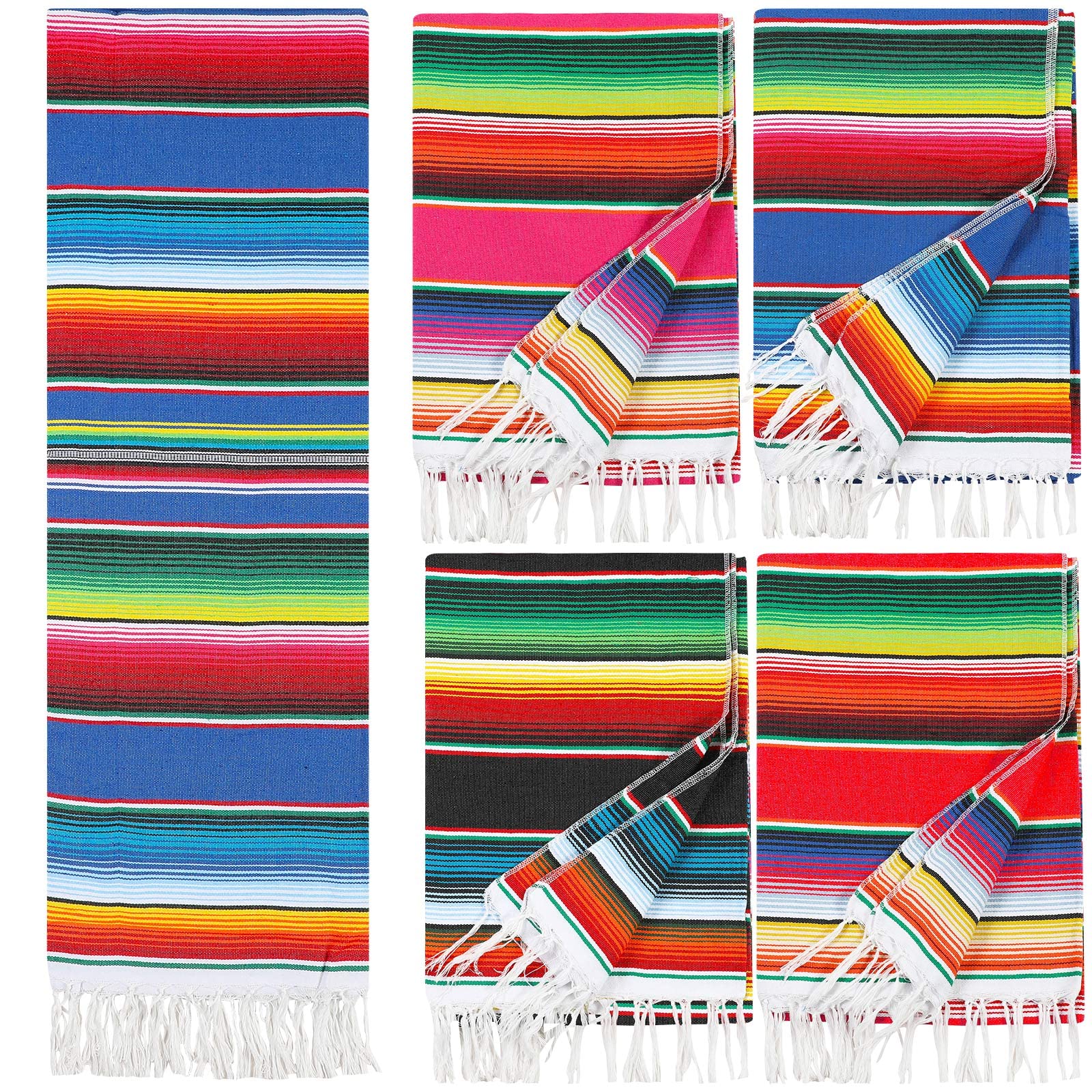 Tudomro 4 PCS Large Authentic Mexican Blankets Colorful Mexican Striped Throw Blankets Serape Fiesta Beach Fringe Yoga for Home Office Camping Picnic (Bright)