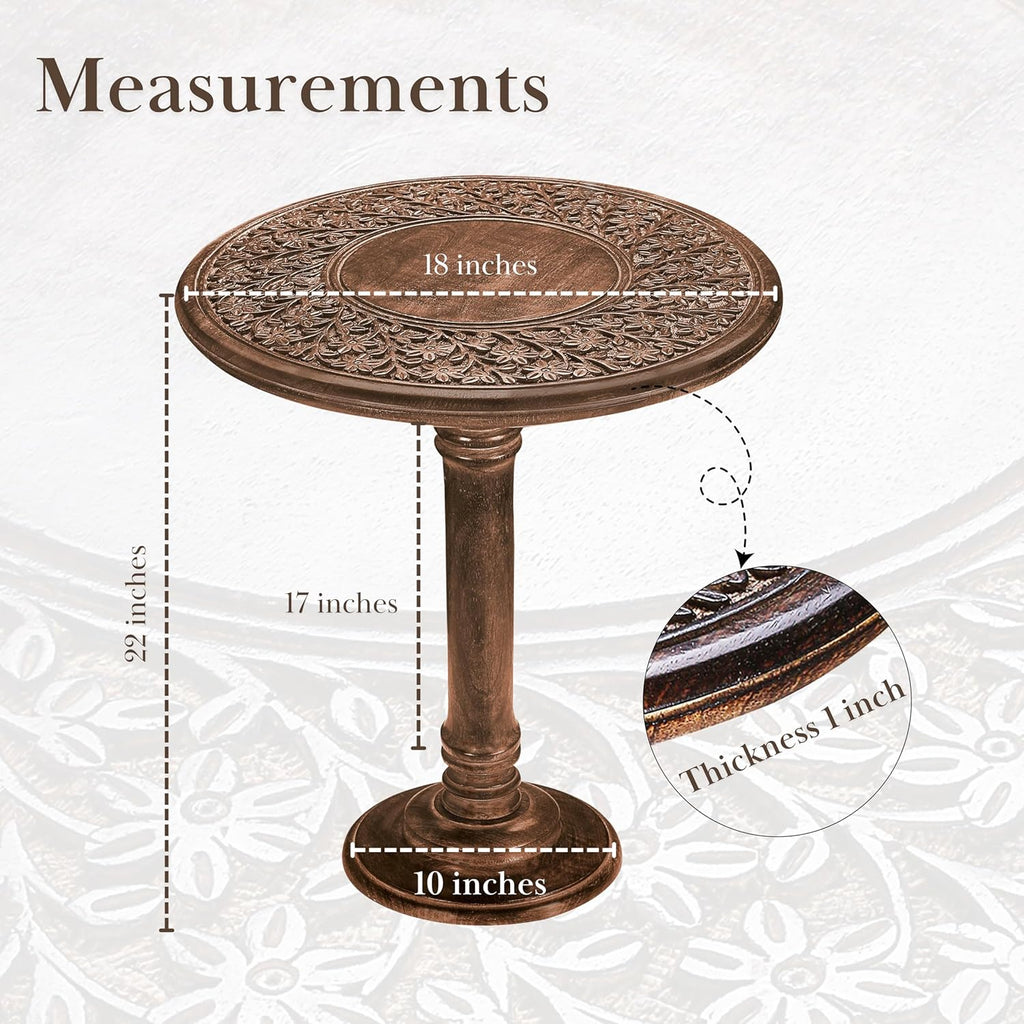 Wooden End Table for Living Room - 18x22 Burnt Finish Carved Side Table, Single Pillar Nightstand, Bedside Table for Books, Plants, Magazines, Small Space Accent Table
