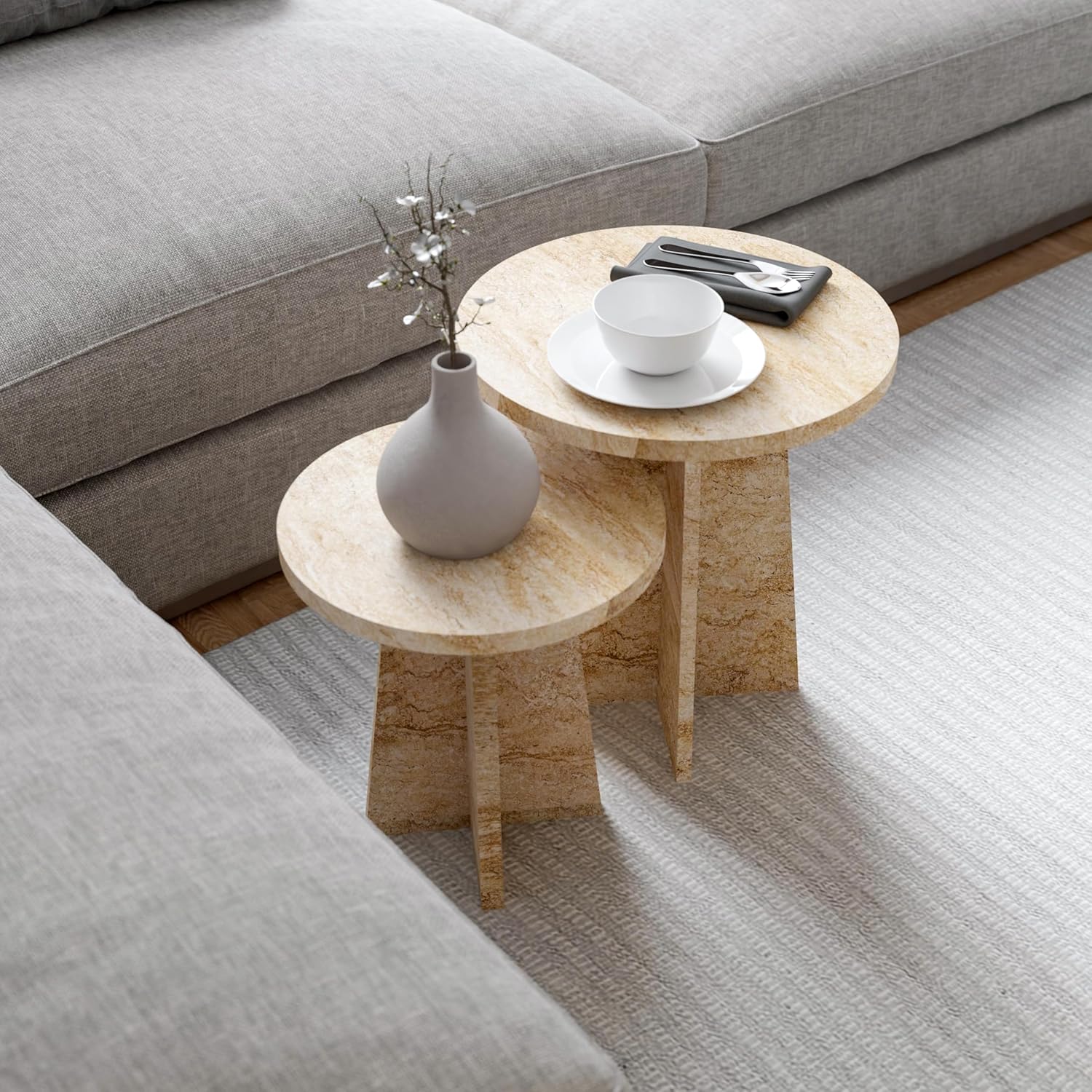 Travertine Efect Round Nesting Coffee Table Set of 2 Modern Coffee Table Small Side Table End Table for Living Room