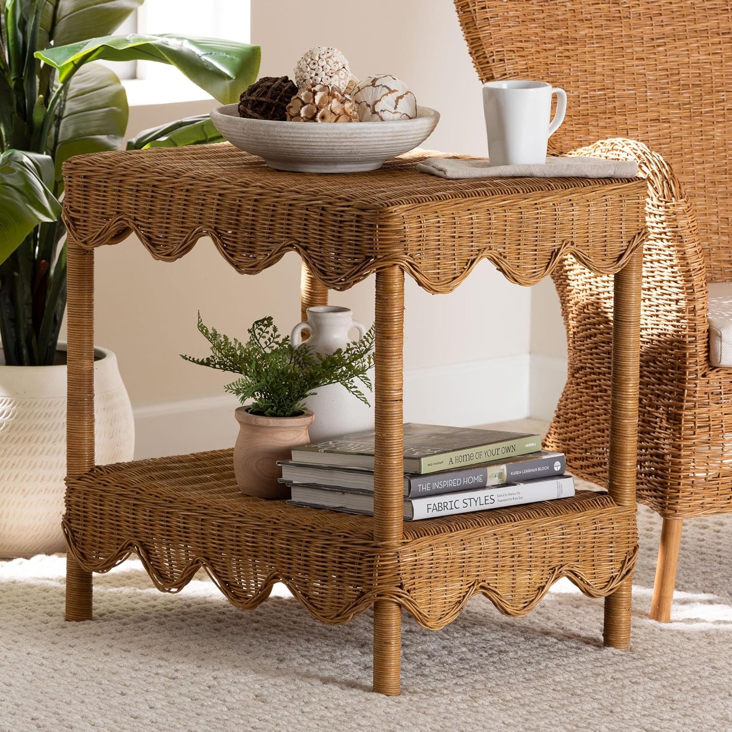 bali & pari Oteria Scalloped Natural Rattan Side Table, Light Honey