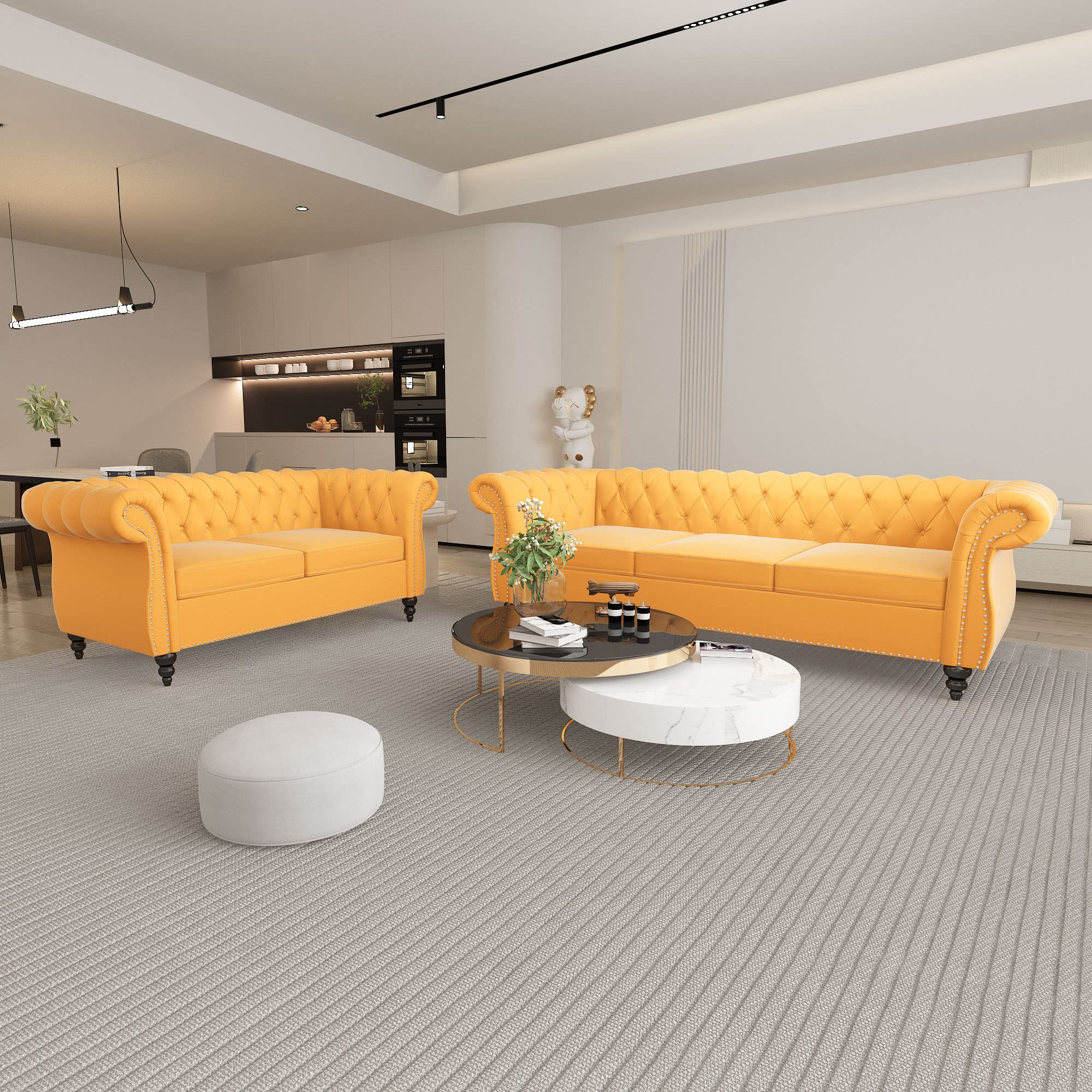 QHITTY 3 Piece Living Room Set, Sectional Chesterfield Sofa Chair Contemporary Upholstered Leather Loveseat Couch Sets for Living Room, Bedroom, Office