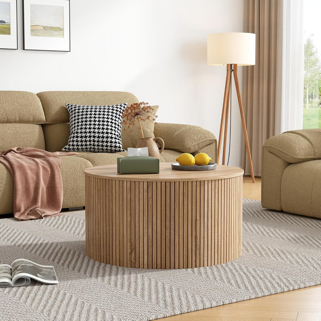 Round Fluted Lift Top Coffee Table, Mid Century Modern Center Table with Storage and Compartment, 2 Tier Small Circle Dining Table, for Living Room, Home Small Space, Natural