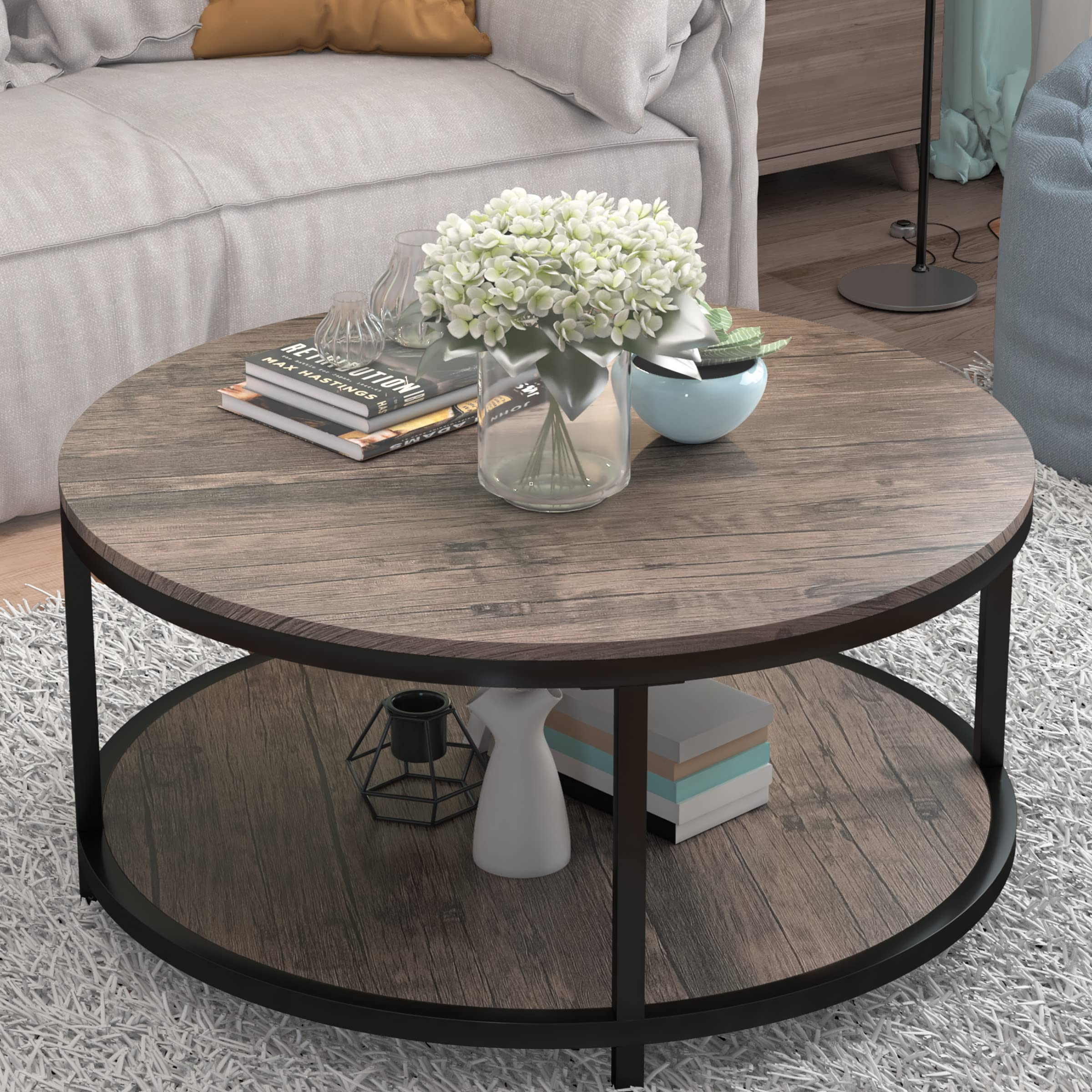 NSdirect Round Coffee Table, 27.5" Small Coffee Table for Living Room,2-Tier Rustic Wood Desktop with Storage Shelf Modern Design Home Furniture(Light Walnut)