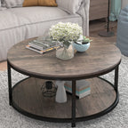 NSdirect Round Coffee Table, 25.6" Small Coffee Table for Living Room,2-Tier Rustic Wood Desktop with Storage Shelf Modern Design Home Furniture(Light Walnut)