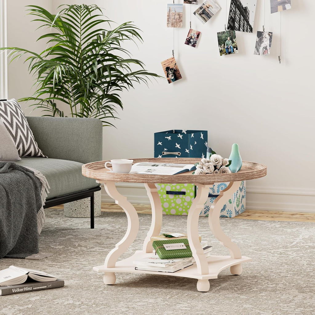 Round Farmhouse Coffee Table with Handmade Finish, Wood Tray Top Rustic Coffee Table for Added Thickness, Accent Table with Storage for Living Room, Small Place, White, Circle