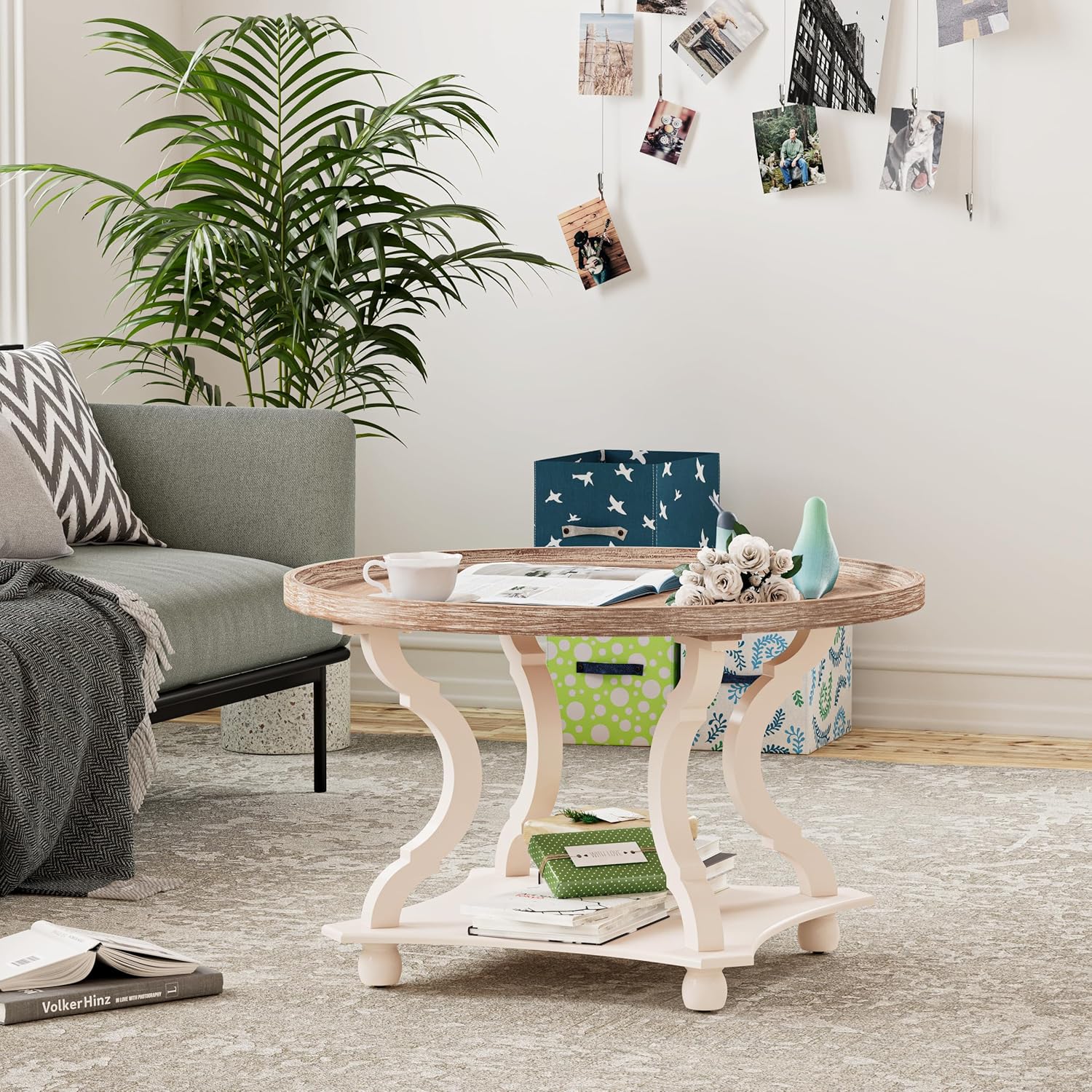 Round Farmhouse Coffee Table with Handmade Finish, Wood Tray Top Rustic Coffee Table for Added Thickness, Accent Table with Storage for Living Room, Small Place, White, Circle