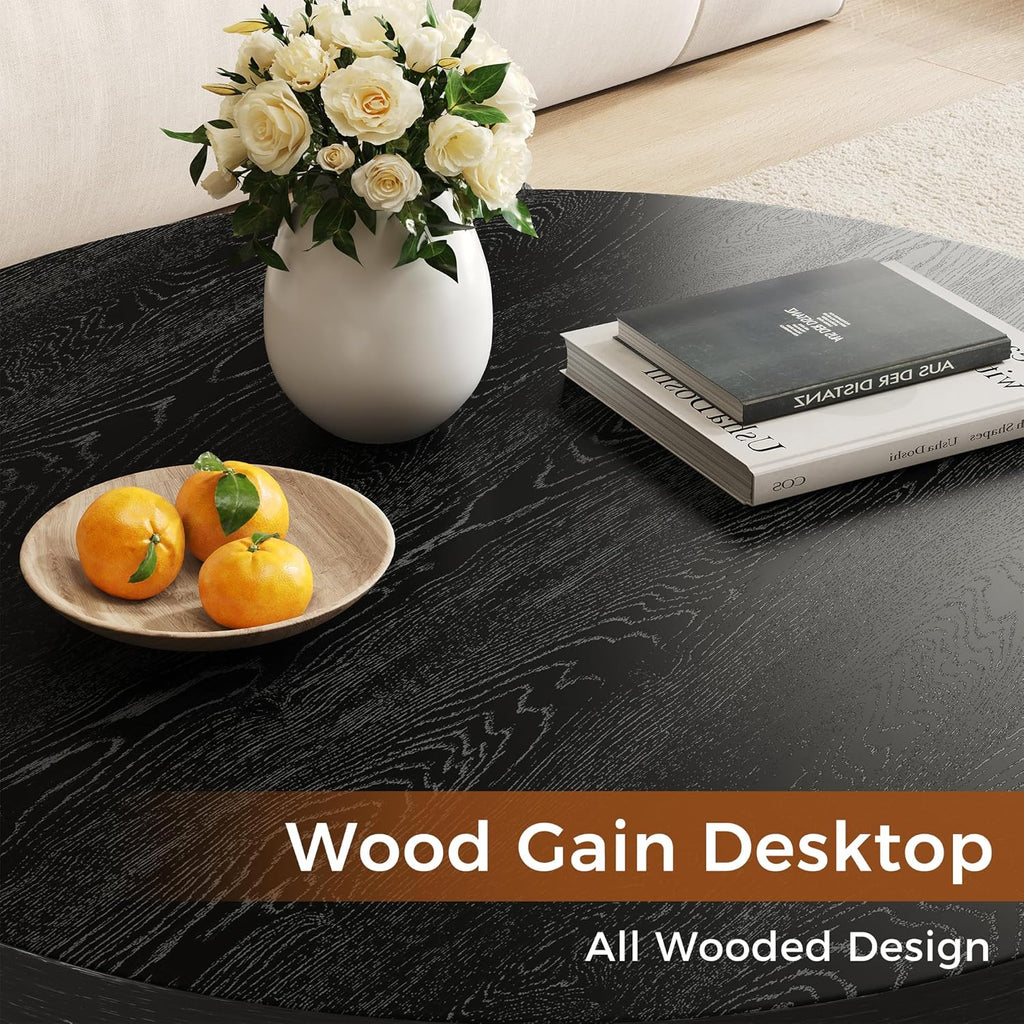 27.5" Black Round Coffee Table Modern Wooden Center Table for Small Space Living Room and Bedroom Scandinavian Minimalist Circle Fluted Tea Table with Quilted Feet Pads