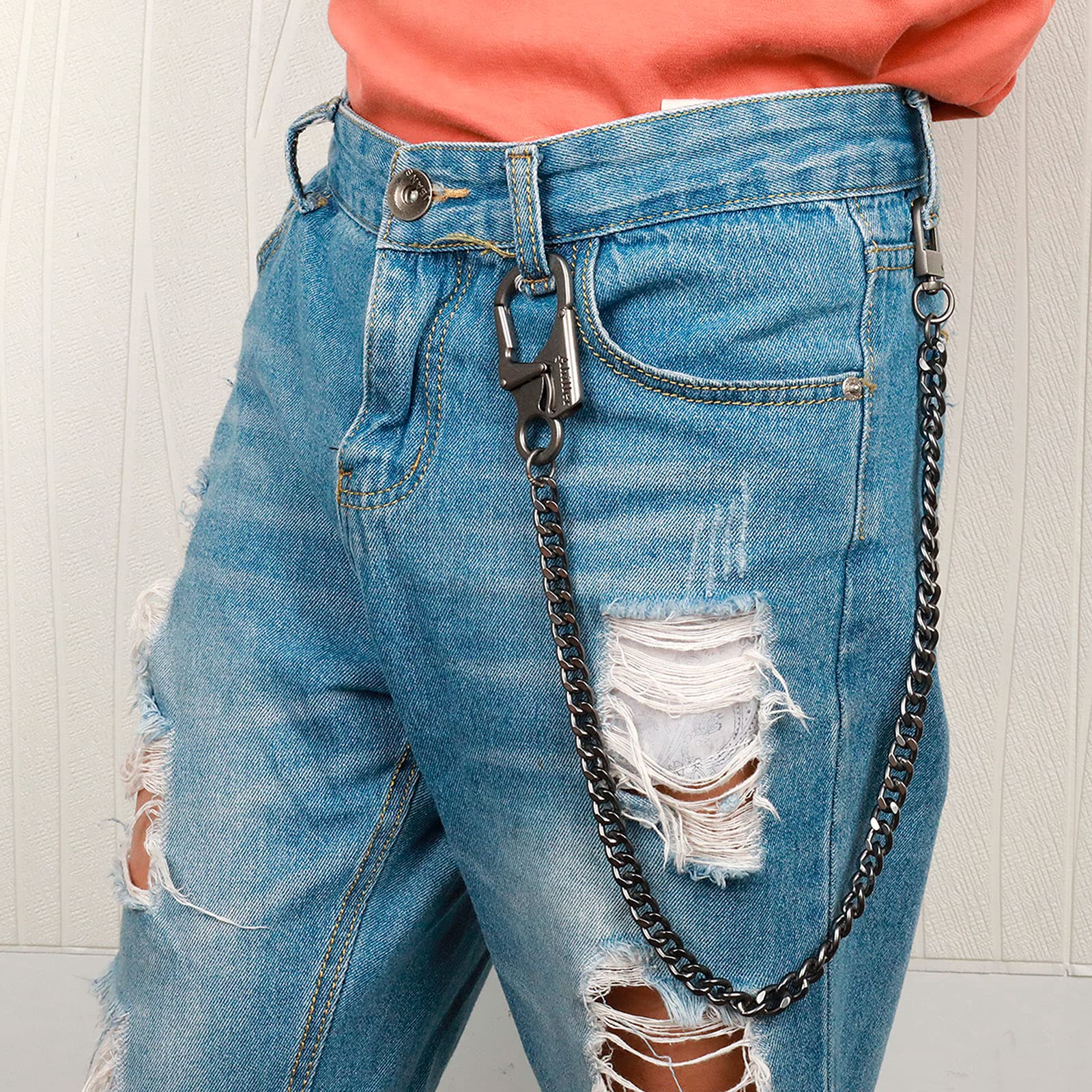 Ahiller Biker Wallet Chain, Heavy Duty Pocket Chain with Lockable Carabiner, Men Chains for Keys, Jeans, Pants, Purse and Handbag (P-Black-1PCS)