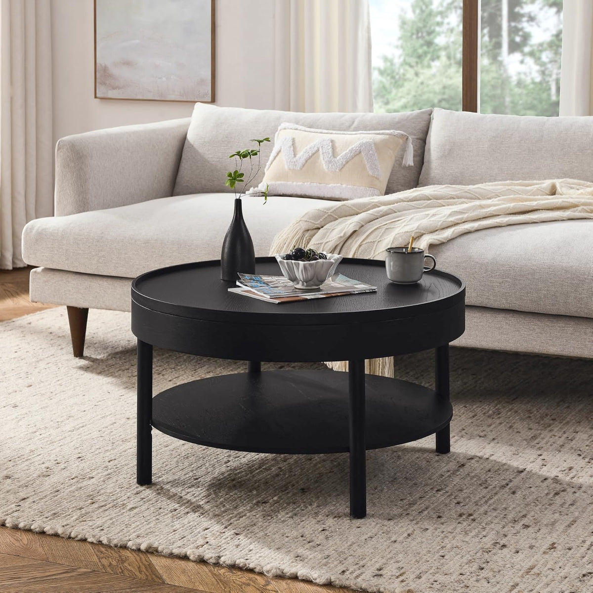 Circular Coffee Table, Living Room Table with 3-Layer 31.5 Inch Storage Rotating Tabletop, 3-Layer Tea Table Made Entirely of Rubber Wood and MDF Board (Black, 31.5"x31.5"x17.75)