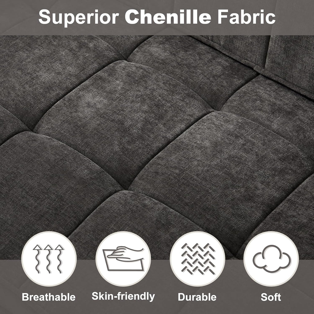 Tbfit 57" Convertible Sofa Bed, Chenille Futon Sleeper Sofa Couch with Pullout Bed, USB & Adjustable Backrest, Queen Size Pull Out Loveseat Couches for Living Room, Apartment, Office, Dorm, Dark Grey