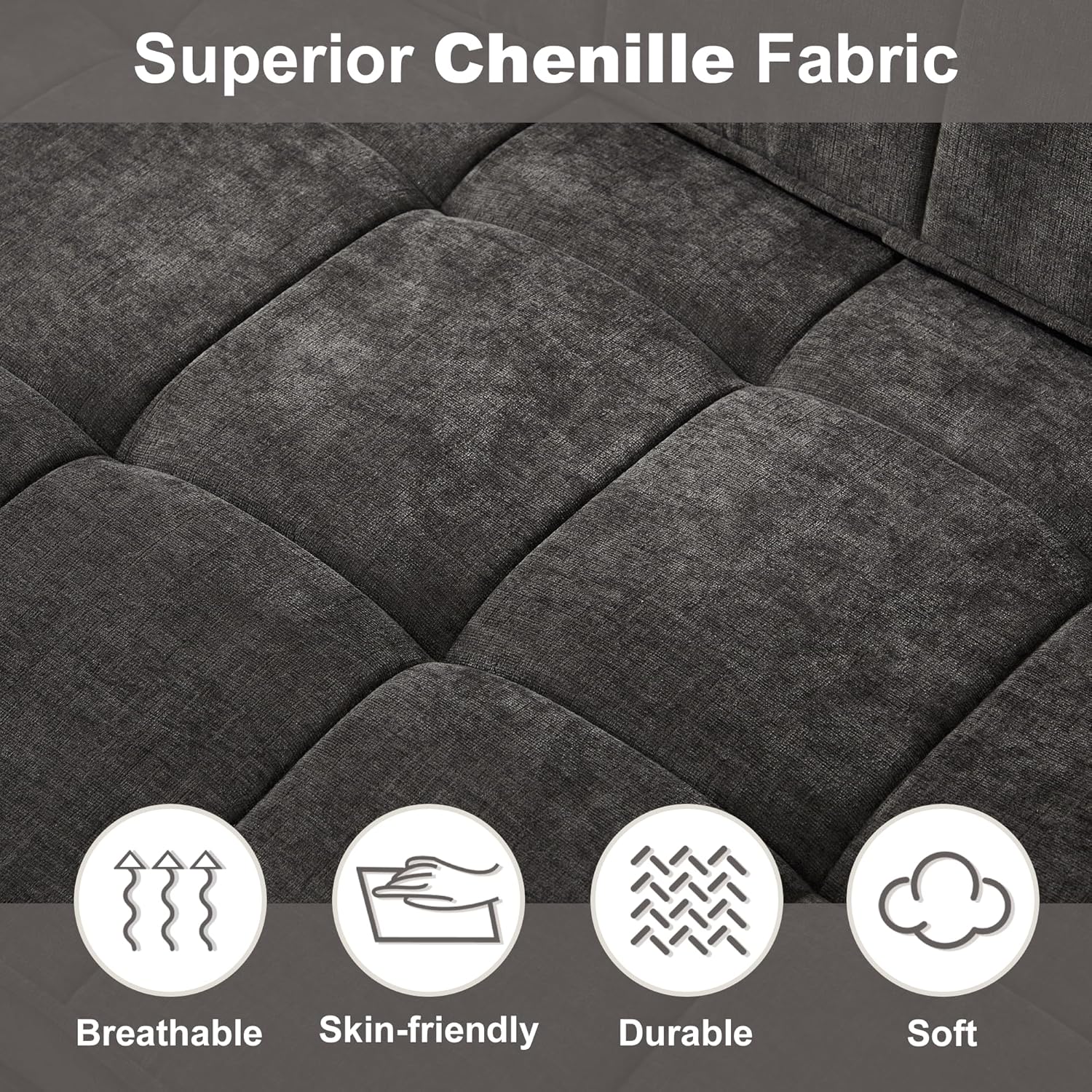 Tbfit 57" Convertible Sofa Bed, Chenille Futon Sleeper Sofa Couch with Pullout Bed, USB & Adjustable Backrest, Queen Size Pull Out Loveseat Couches for Living Room, Apartment, Office, Dorm, Dark Grey