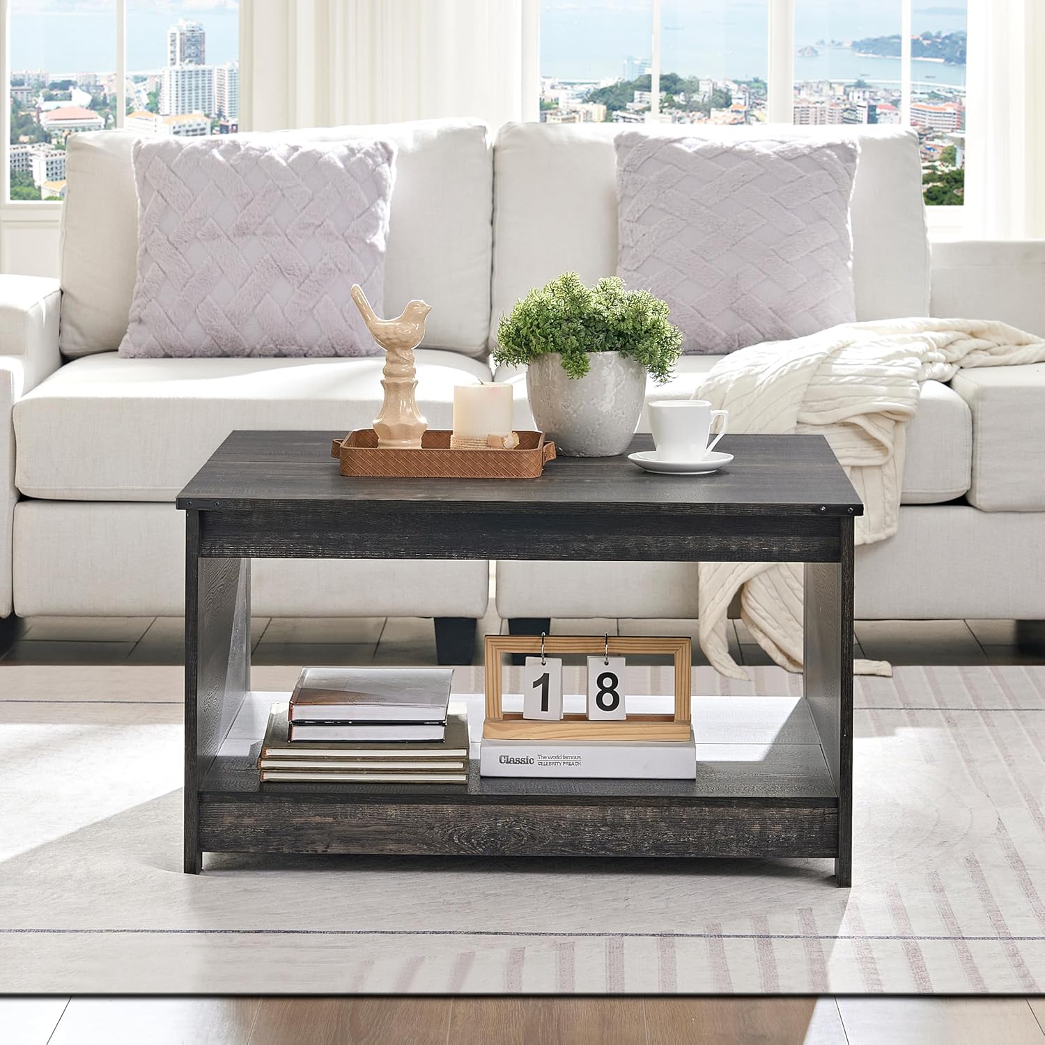 Farmhouse Coffee Table for Living Room, Wood Square Coffee Tables, 31.5" D x 31.5" W, Dark Rustic Oak