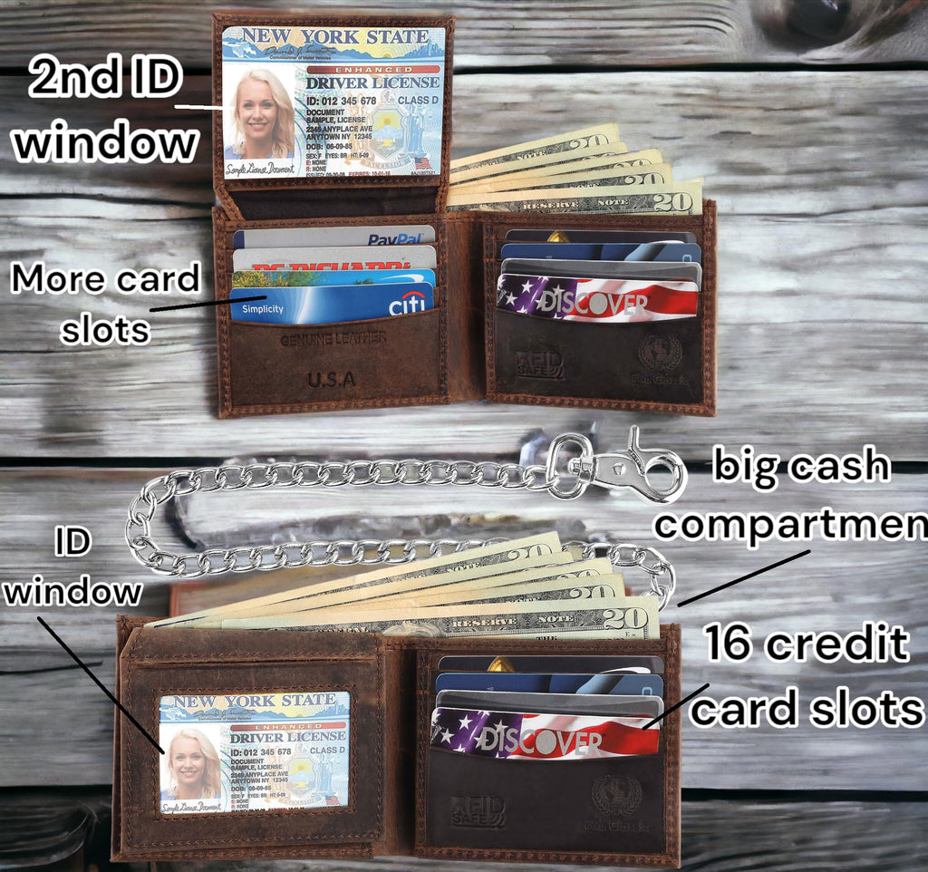 F&L CLASSIC RFID Blocking Mens bi-fold Style Cowhide Leather Steel Chain Wallet, brown vintage leather