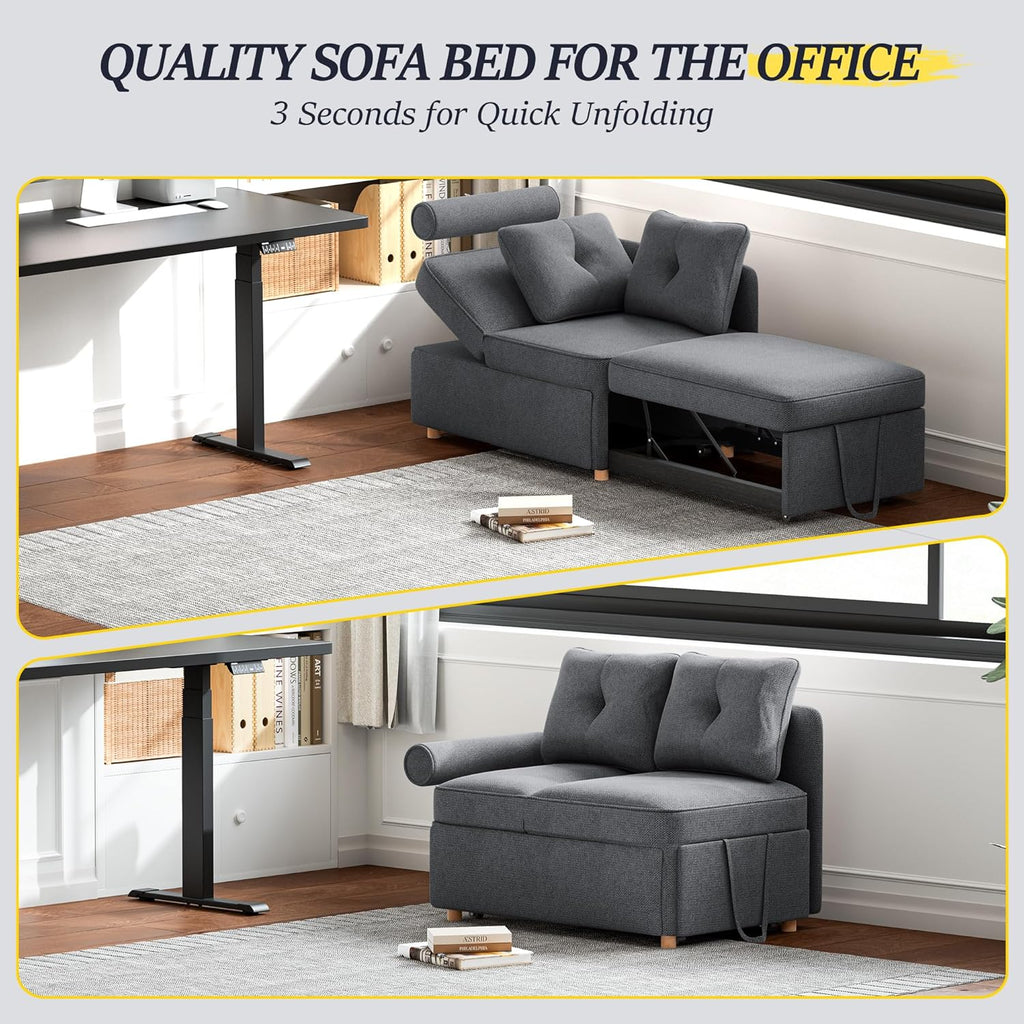 Sleeper Sofa Bed 4-in-1 Convertible Couch, Linen Fabric Love seat Couch with 2 Throw Pillow, Single Recliner for Small Space with 5 Adjustable Angles Backrest