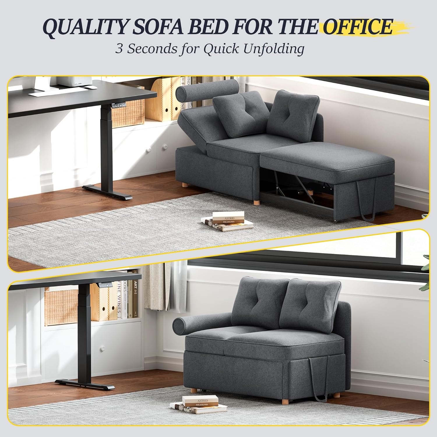 Sleeper Sofa Bed 4-in-1 Convertible Couch, Linen Fabric Love seat Couch with 2 Throw Pillow, Single Recliner for Small Space with 5 Adjustable Angles Backrest