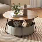 Manora Small Round Coffee Table for Living Room, Modern Center Table with Fabric Basket Storage, Cute Circle Table for Small Spaces, Metal Frame, Dark Brown and Black