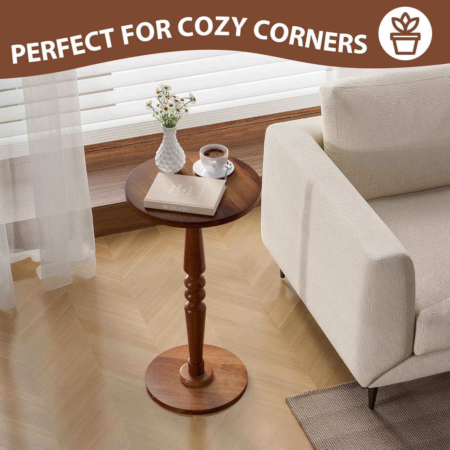 Small Wood Round Side Table - Modern Accent Nightstand Pedestal Table for Living Room, Bedroom - Compact Coffee Table, Tea Table, Drink Table, End Table for Small Spaces, Corners, Office