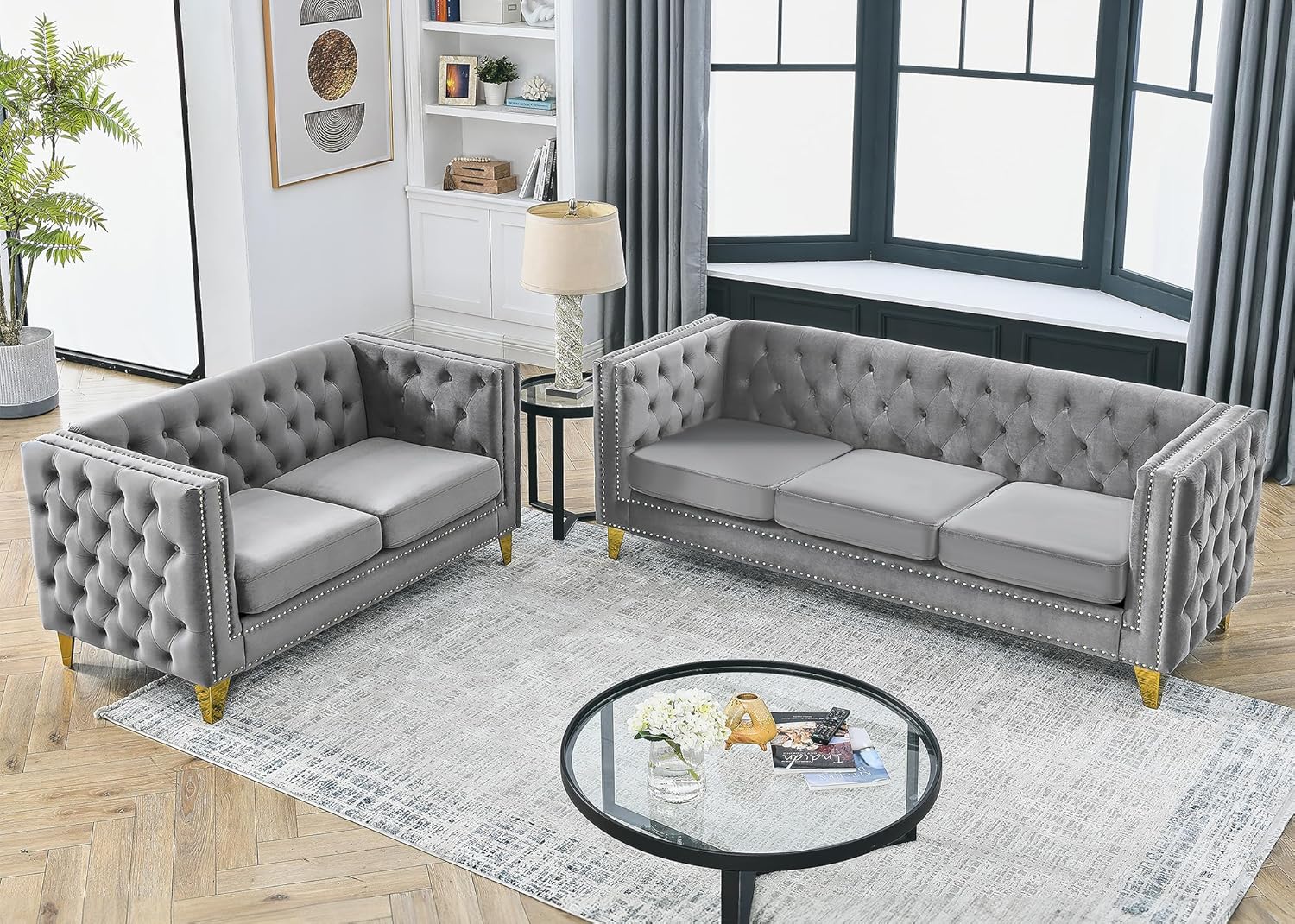 Chesterfield Sofa,Oversized Velvet Sofa Couch,Deep Seat 3 Seater Sofa,Modern Sofa Chair with Button Nailhead,Upholstered Futon Couches,Furniture for Living Room,Bedroom,Office(Grey)