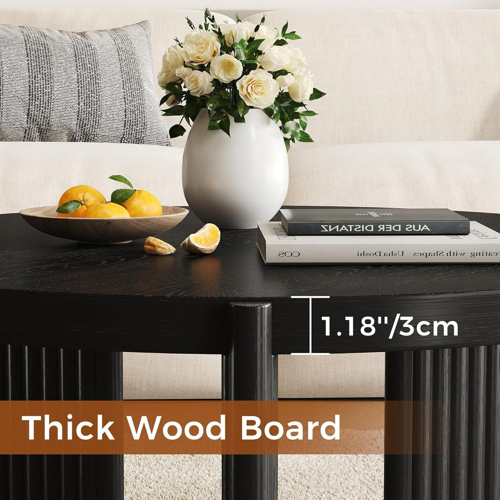 27.5" Black Round Coffee Table Modern Wooden Center Table for Small Space Living Room and Bedroom Scandinavian Minimalist Circle Fluted Tea Table with Quilted Feet Pads