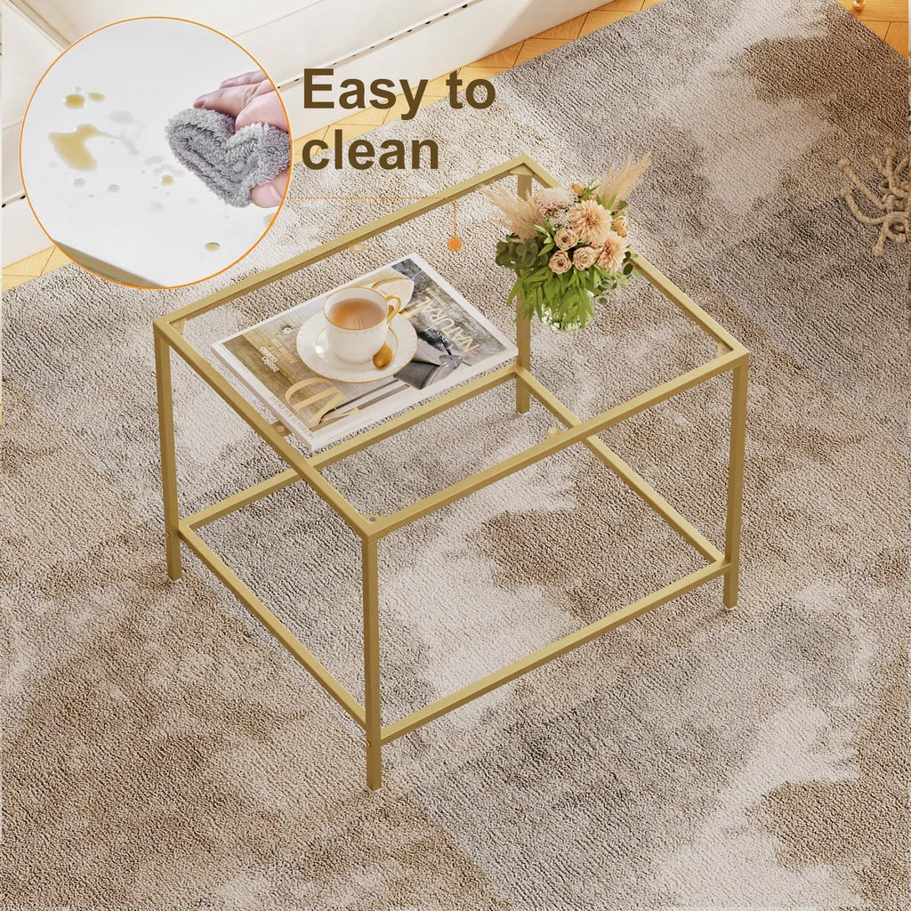 Glass Coffee Table, Modern Rectangular Coffee Table for Living Room, Minimalist Center Tea Table with Sturdy Metal Frame for Apartment, Office, Easy Assembly, 23.6 x 19.7 x 17.7 Inches, Golden