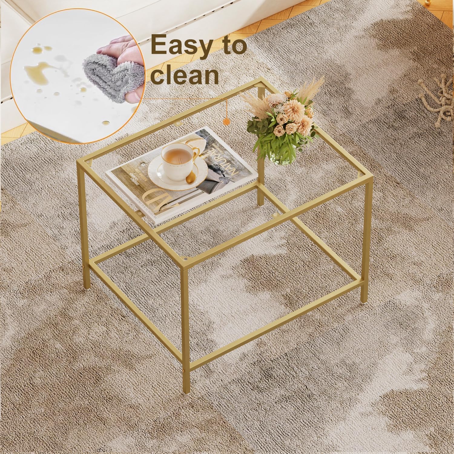 Glass Coffee Table, Modern Rectangular Coffee Table for Living Room, Minimalist Center Tea Table with Sturdy Metal Frame for Apartment, Office, Easy Assembly, 23.6 x 19.7 x 17.7 Inches, Golden