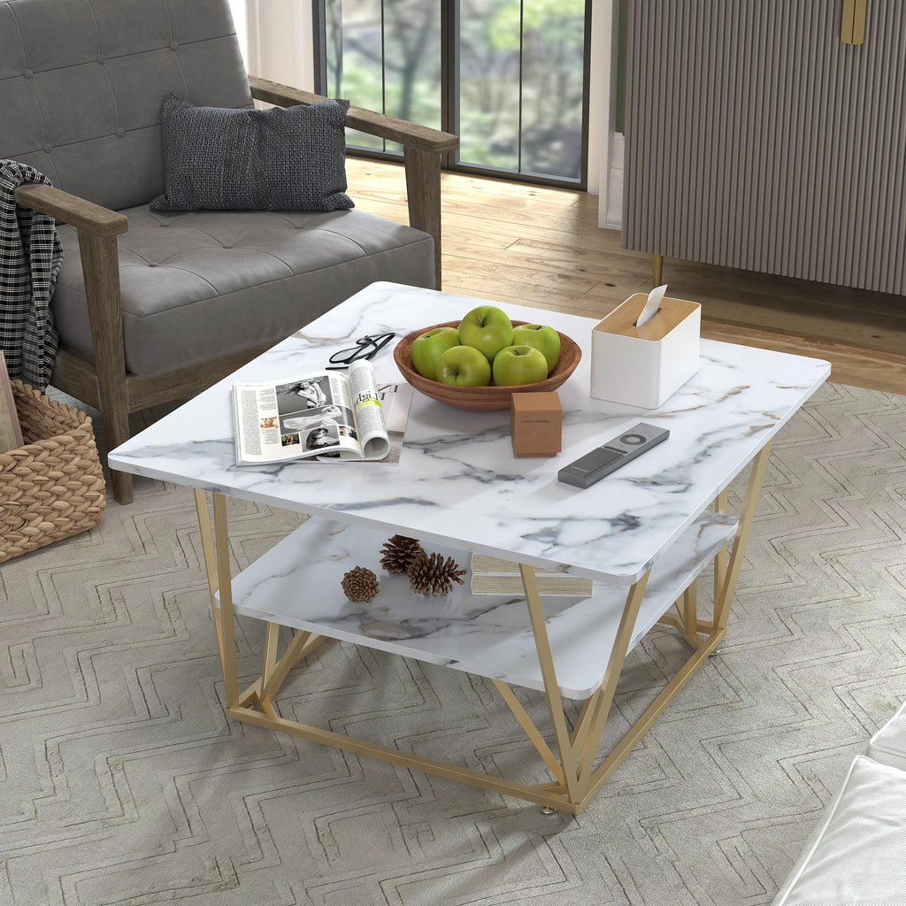 Elephance Round Coffee Table with Storage, 30 Inch Modern Coffee Table for Living Room,Wooden Tabletop-Marble White Print with Gold Frame