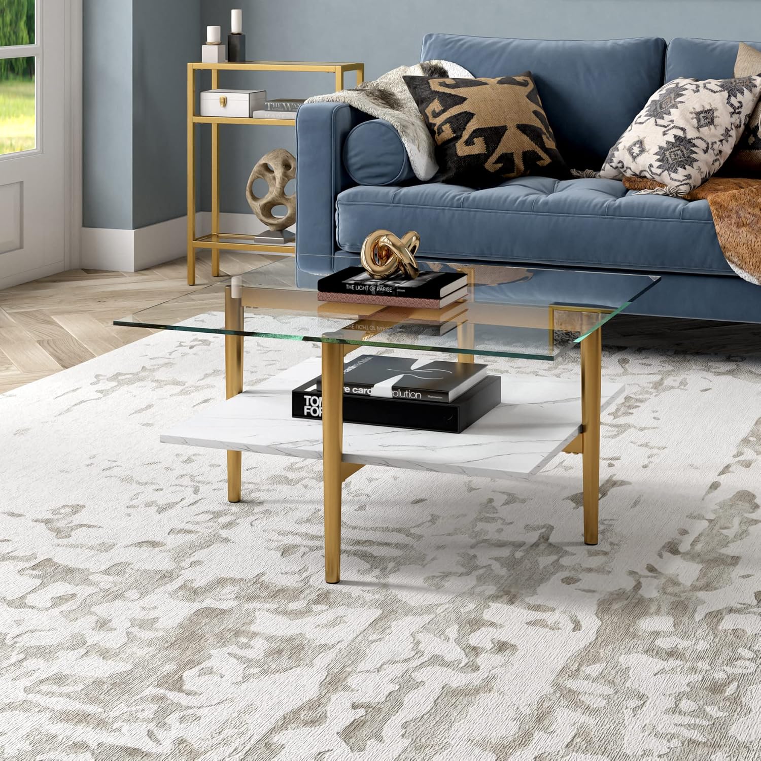 Otto 32" Wide Square Coffee Table with Faux Marble Shelf in Brass