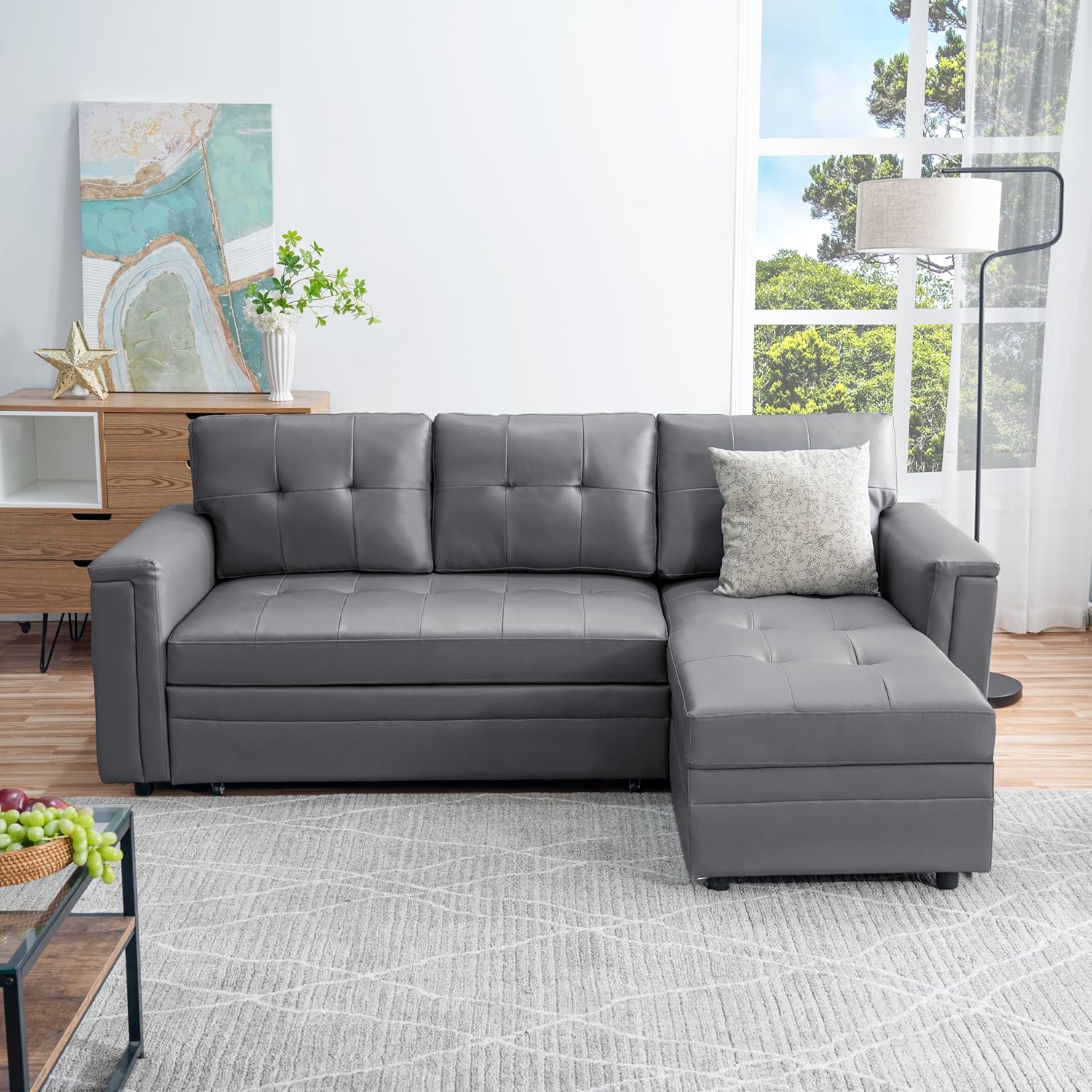 Naomi Home Lily Sectional Sleeper Sofa with USB Ports-L-Shaped Couch Convertible Pull-Out Bed, Ample Storage, Timeless Design, Sturdy Construction, Long-Lasting for Modern Living, Gray, Air Leather