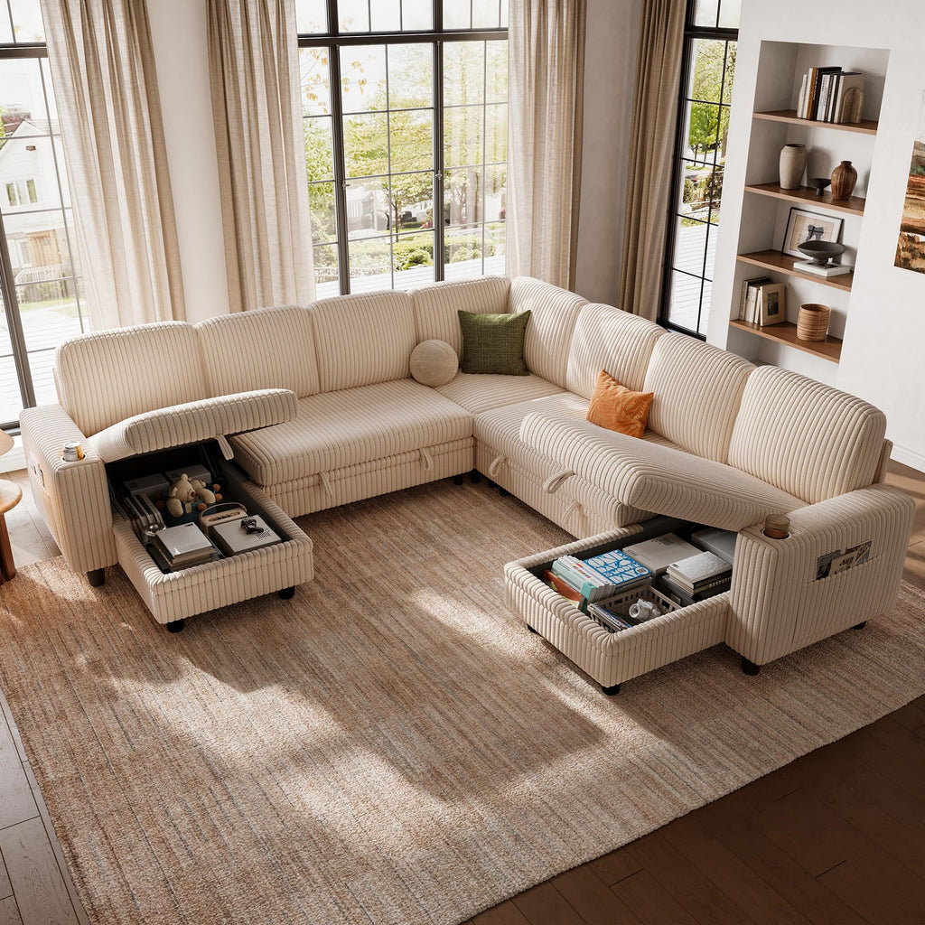 LINSY HOME Sectional Sleeper Sofa with Pull Out Couch Bed - Convertible Plush Corduroy Cloud Couch with Storage Chaise & USB Charging, Comfy Modular Couches for Living Room, Green