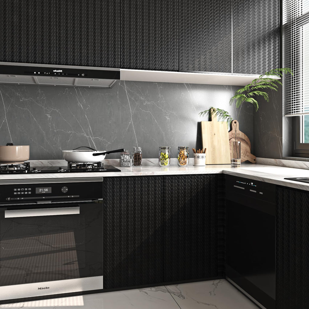 کاغذ دیواری حصیری بافت‌دار Livelynine مشکی قابل چسباندن و جدا کردن برای پوشش کابینت حمام و آشپزخانه، کاغذ تماس ضدآب مشکی برای کابینت‌ها 15.8x78.8 الگوی حصیری مات مدرن