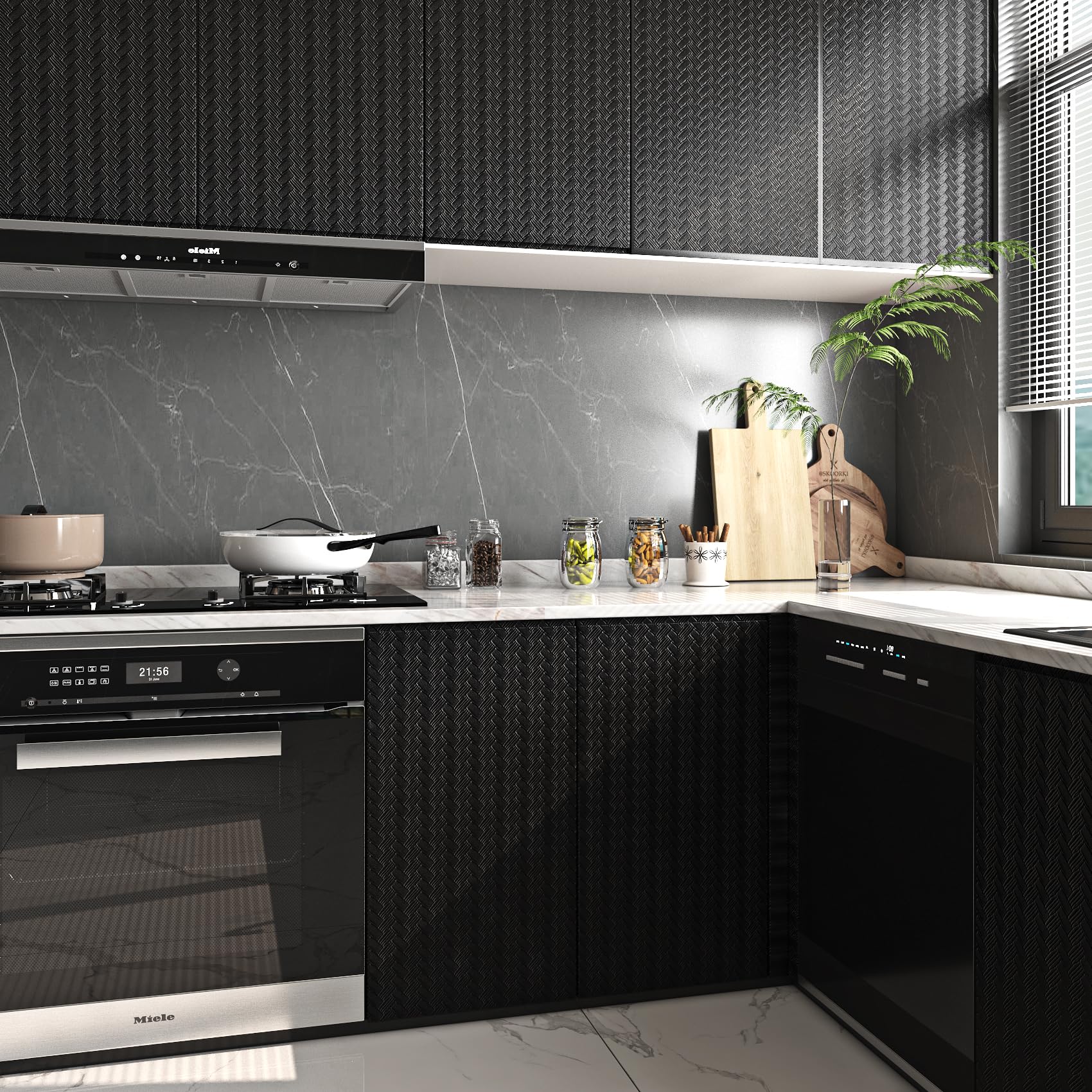 کاغذ دیواری حصیری بافت‌دار Livelynine مشکی قابل چسباندن و جدا کردن برای پوشش کابینت حمام و آشپزخانه، کاغذ تماس ضدآب مشکی برای کابینت‌ها 15.8x78.8 الگوی حصیری مات مدرن