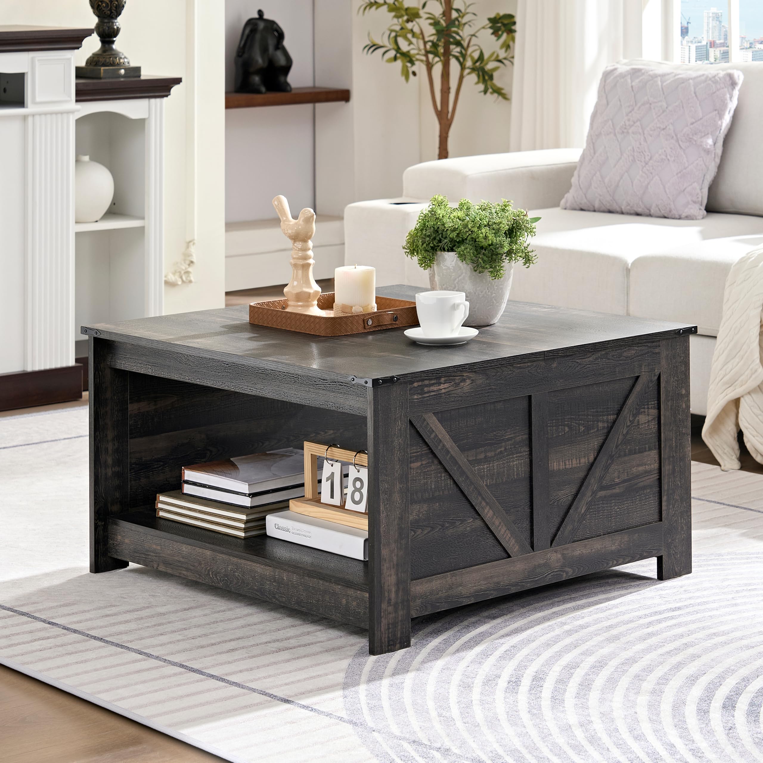 Farmhouse Coffee Table for Living Room, Wood Square Coffee Tables, 31.5" D x 31.5" W, Grey Wash