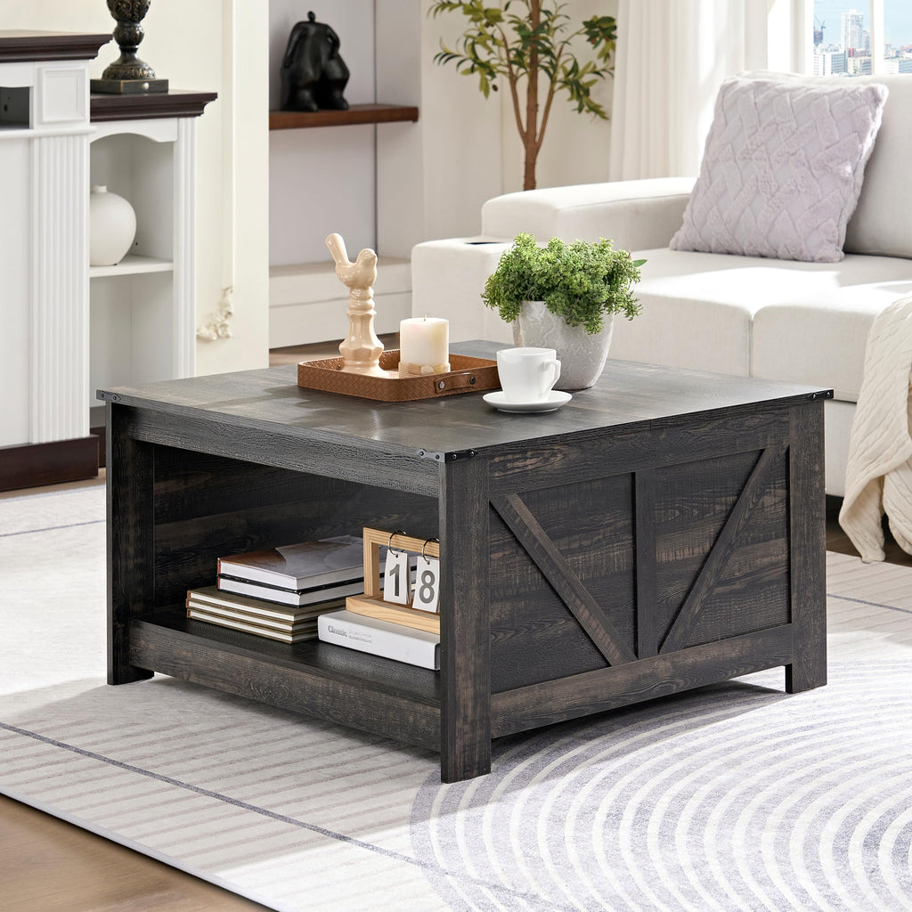 Farmhouse Coffee Table for Living Room, Wood Square Coffee Tables, 31.5" W x 31.5" D, Black