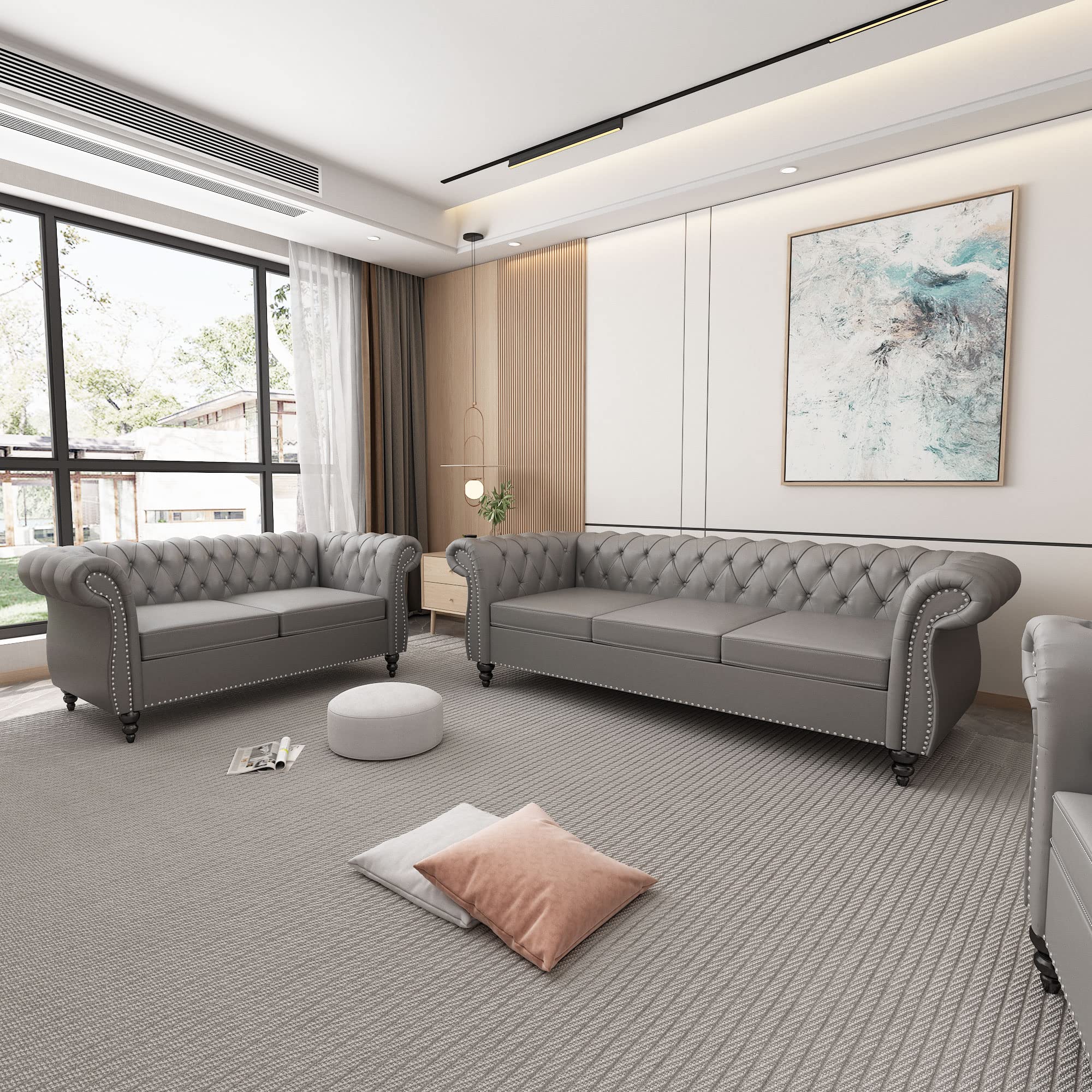 2 Piece Living Room Set, Chesterfield Leather Sofa Couch Chair with Scroll Arms and Nailhead for Living Room, Office (Dark Brown)