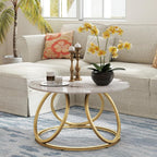 OIOG Round Coffee Table for Living Room, Modern Coffee Table with Marbling Natural Stone, Gold & White