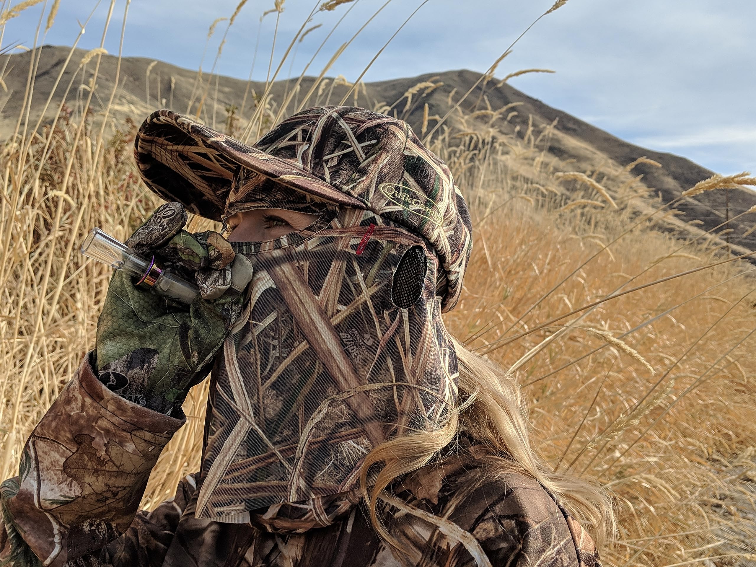 QuikCamo Mossy Oak Shadow Grass Blades camouflagehat med indbygget ansigtsmaske til andejagt (justerbar velcrolukning)