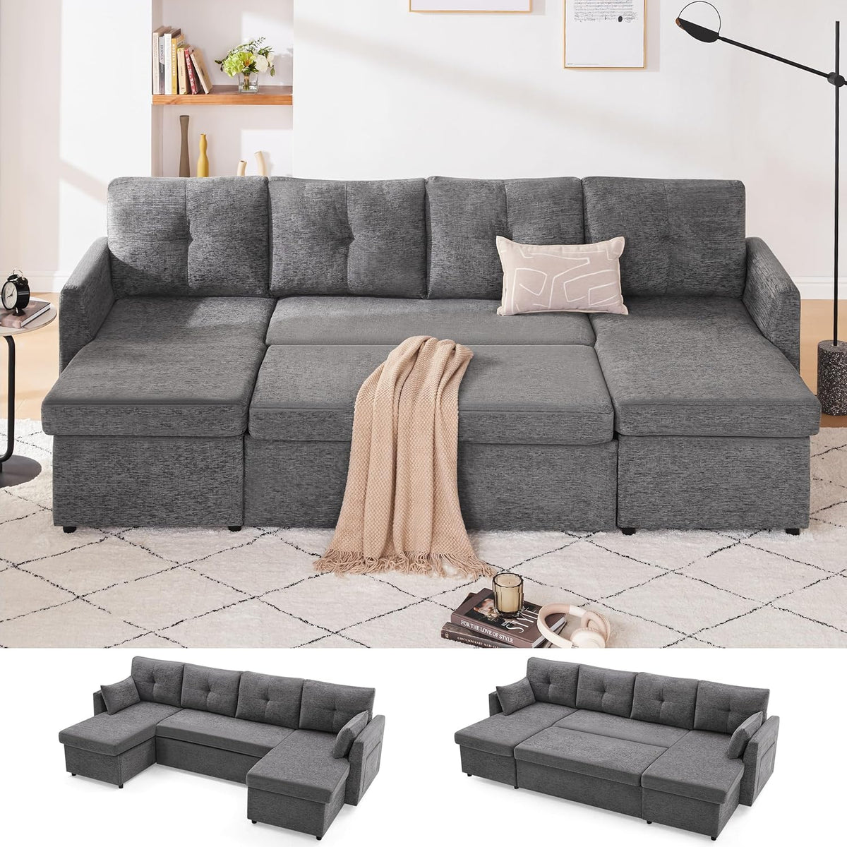 Oversized Sleeper Sofa Couch, 110 inch 2 in 1 Pullout Couch Bed with Double Storage Chaise, Sectional Sleeper Sofa Bed with Side Pocket for Living Room, Dark Grey