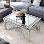 Silver Coffee Tables for Living Room with Dazzling Crushed Crystal Border, Clear Glass Rectangle Center Table Mirrored Finished, Glam Modern Living Room Furniture