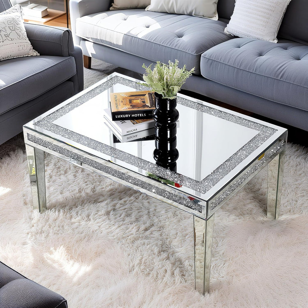 Silver Coffee Tables for Living Room with Dazzling Crushed Crystal Border, Clear Glass Rectangle Center Table Mirrored Finished, Glam Modern Living Room Furniture