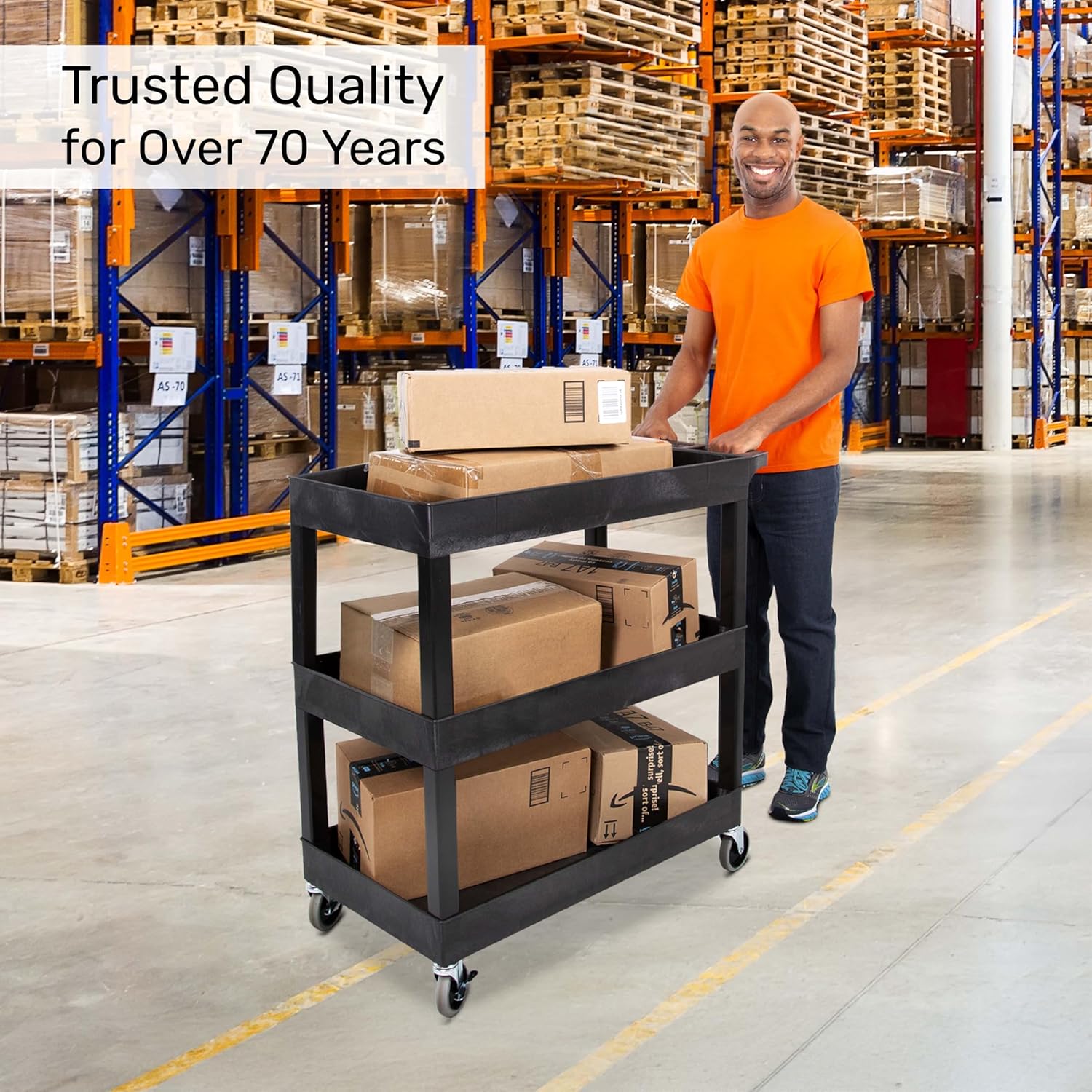 Tubstr 3-Tier Rolling Utility Cart with Wheels | Supports 300 lbs. Total | Heavy-Duty Capacity for Garage Storage, Office Spaces, & Kitchen Use | Durable Tool Cart with Locking Wheels (Black, 32 x 18)