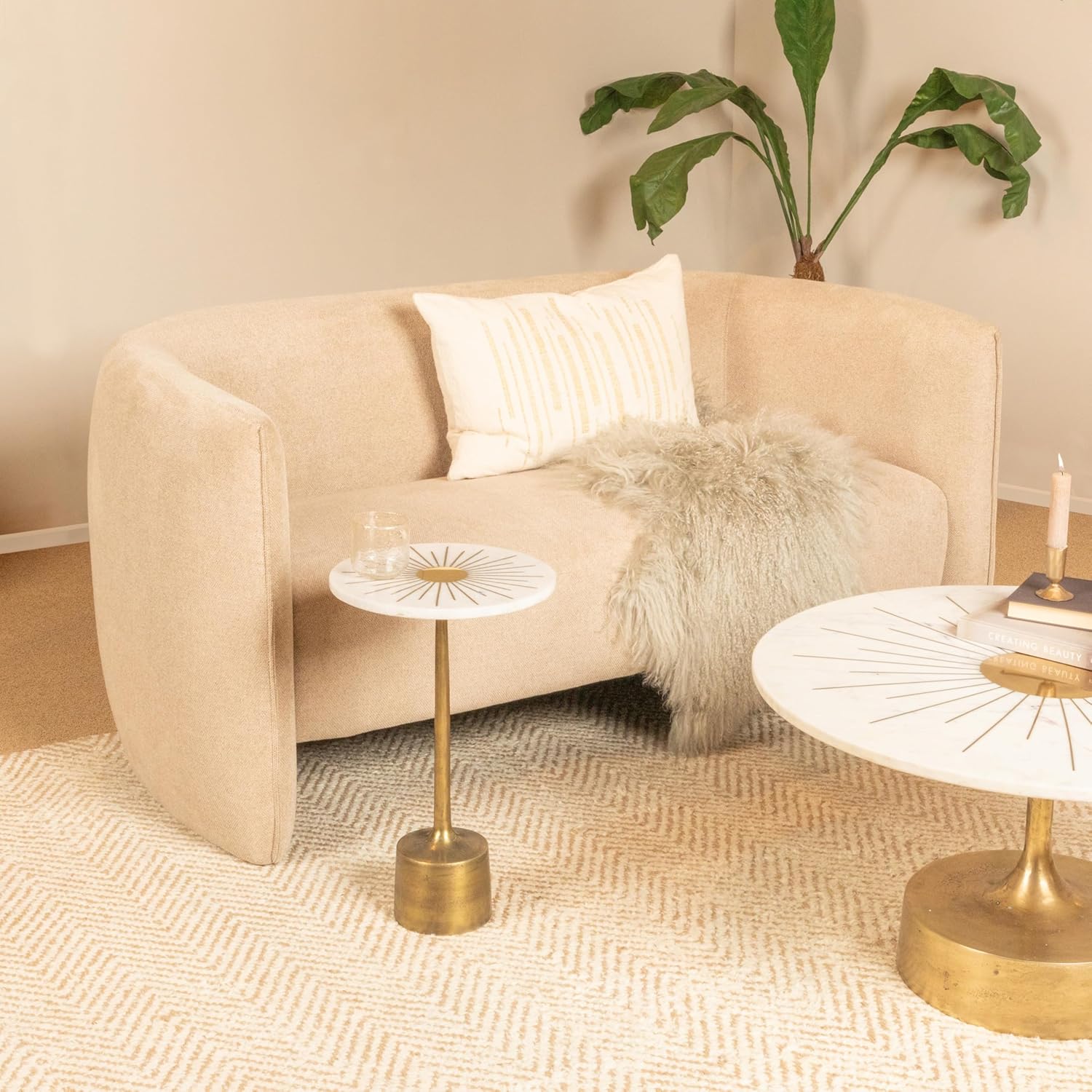 Creative Co-Op 12" R Marble & Metal Sunburst Table with Pedestal Base