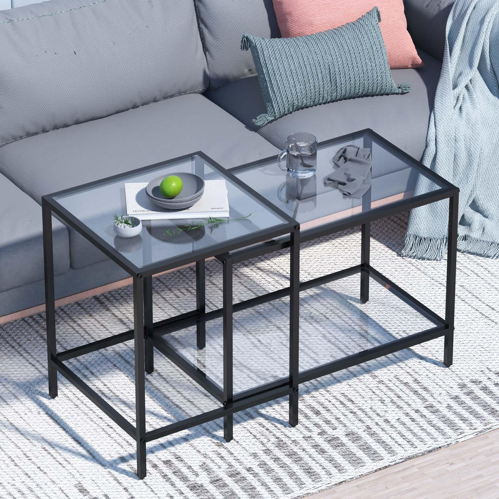 Coffee Table Set of 2,Gold Glass Nesting Coffee Side End Table,Square Modern Center Table for Living Room,Bedroom and Small Spaces,Tempered Glass-top with Sturdy Metal Frame, Easy Assembly